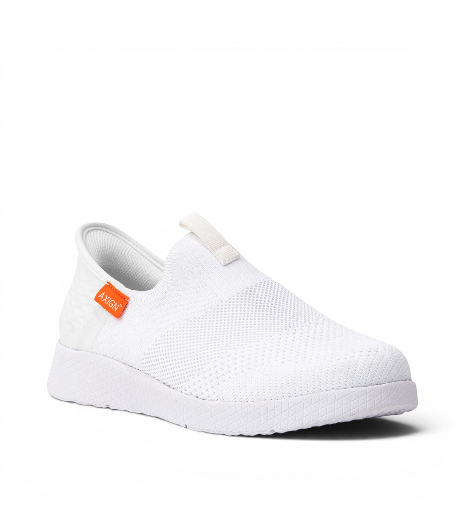 House of Florian white knit slip-on sneakers with orange logo tag and textured sole.