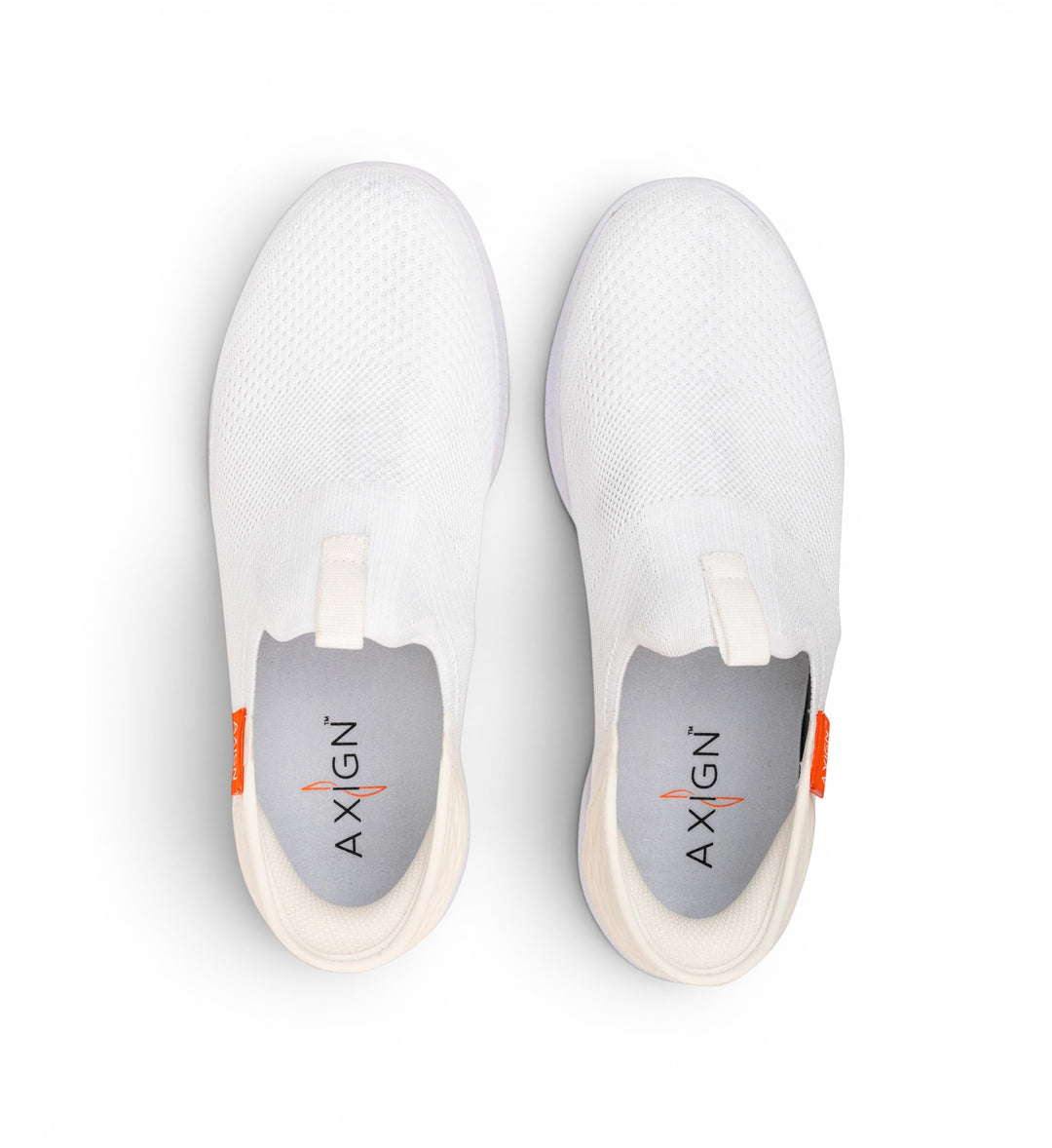 House of Florian white knit slip-on sneakers with orange accents and cushioned soles.