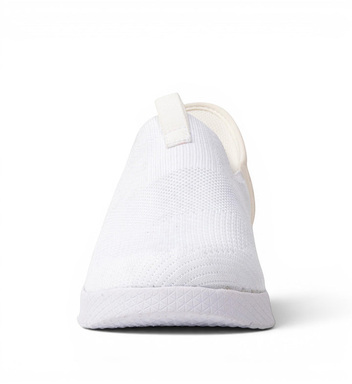 House of Florian white knit slip-on sneakers with a pull tab and textured sole.