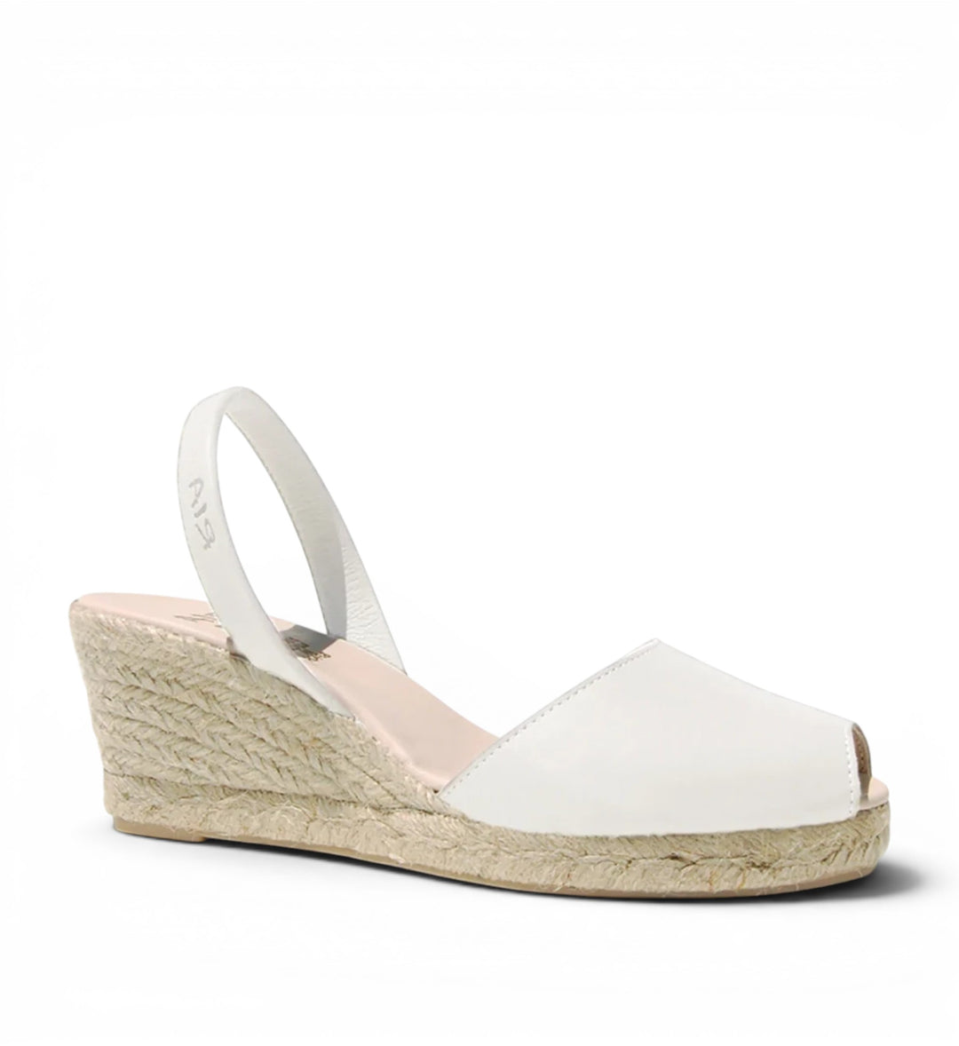 House of Florian white velvet wedge espadrilles with peep toe and slingback strap.