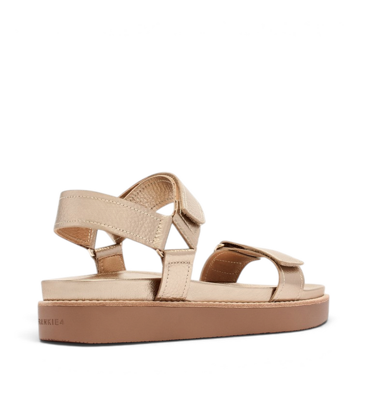 House of Florian Zane soft gold tumbled leather sandals with adjustable velcro straps and a thick brown platform sole