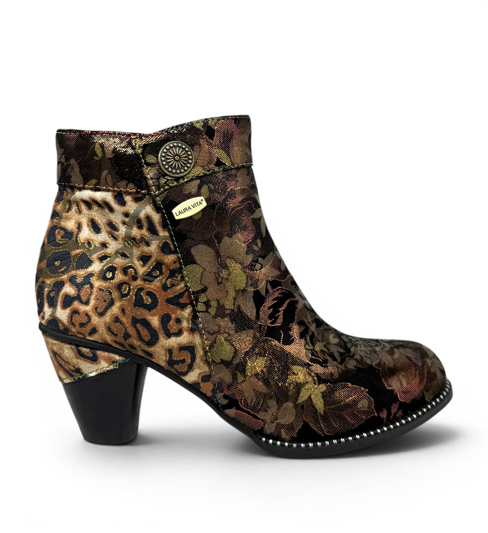 House of Florian Alcizeeo 17 Bronze ankle boot with leopard print and floral jacquard fabric, decorative button, and block heel.
