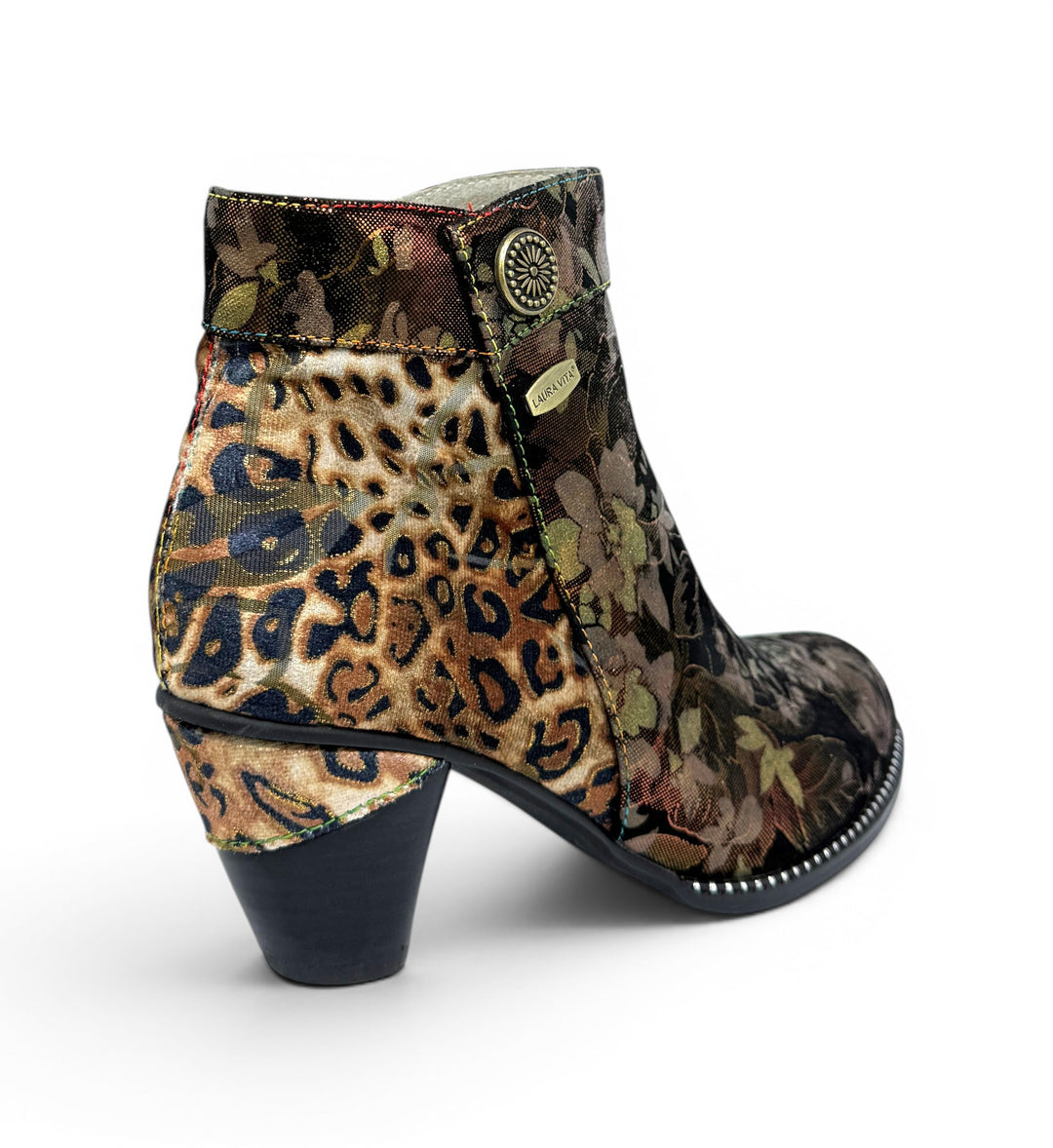 House of Florian Alcizeeo 17 Bronze ankle boots with leopard print and floral jacquard fabric, block heel, decorative button, and stud detailing.