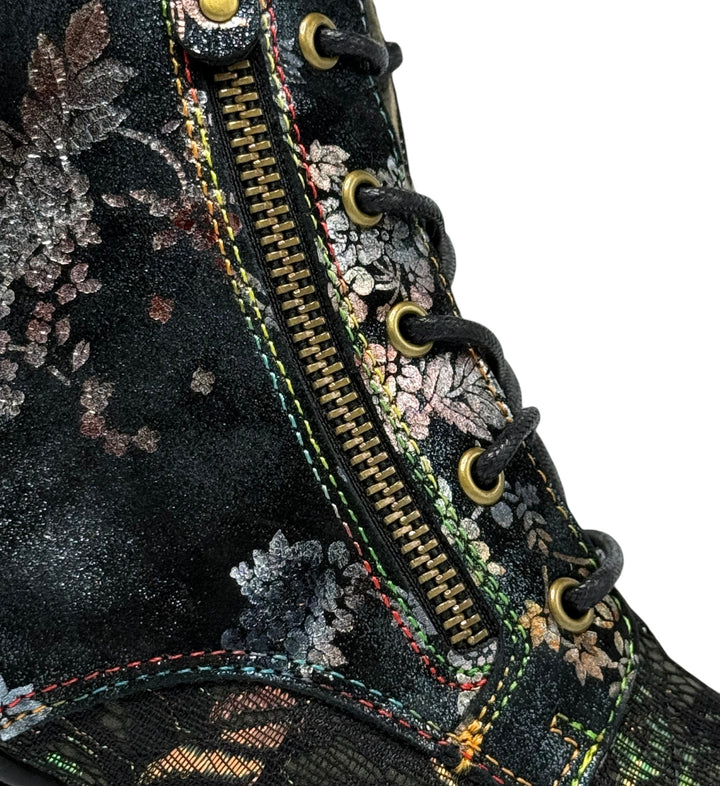 House of Florian Alcizeeo 12 Bronze ankle boots with dark floral print, bronze accents, side zipper, and lace-up front.
