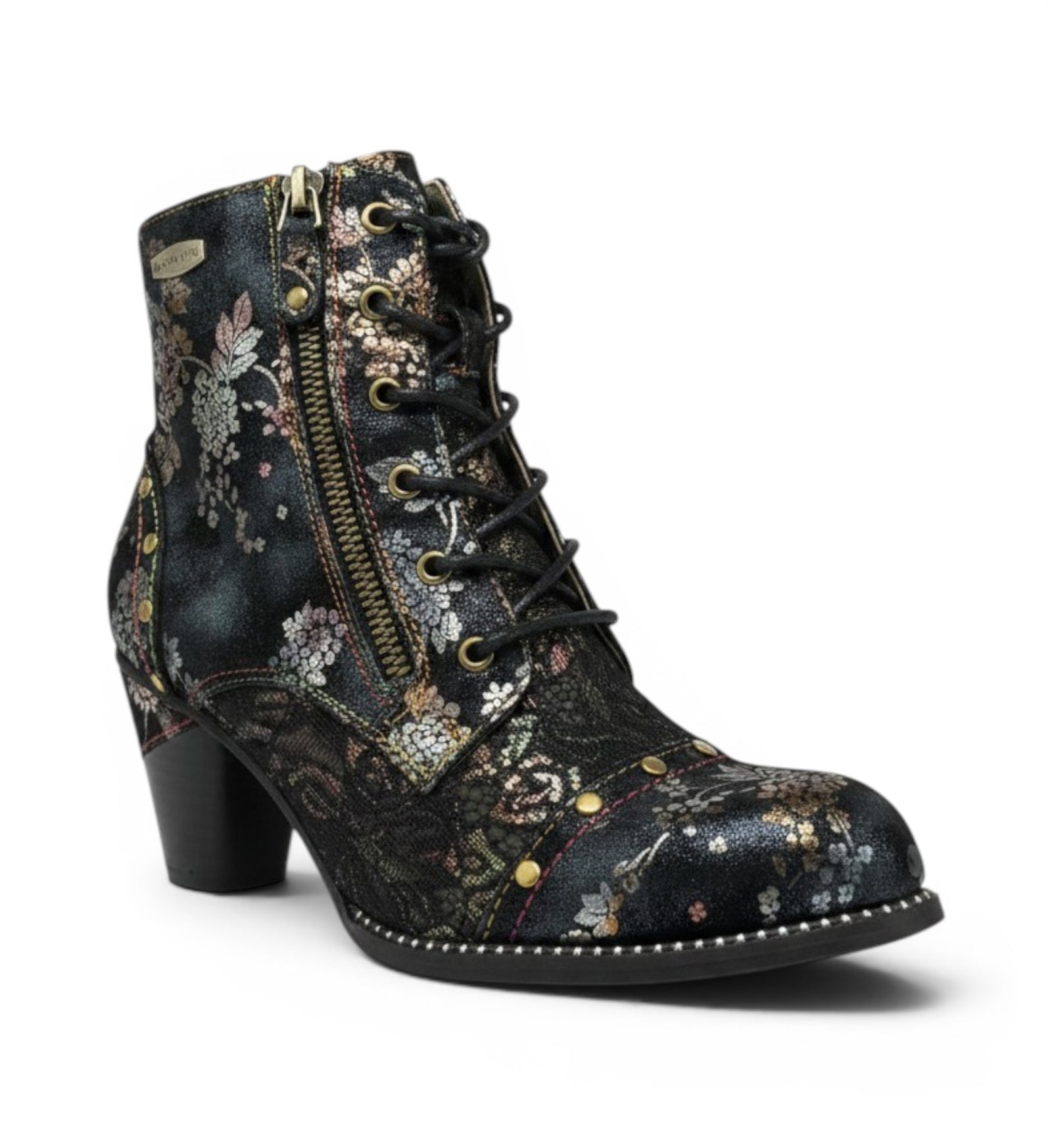House of Florian Alcizeeo 12 Bronze floral print ankle boots with block heel, lace-up front, side zipper, and studded detailing.