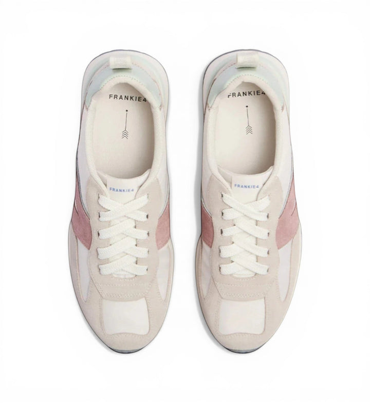 House of Florian Axel II Glacier sneakers in white, beige, and pink suede and nylon with white laces.