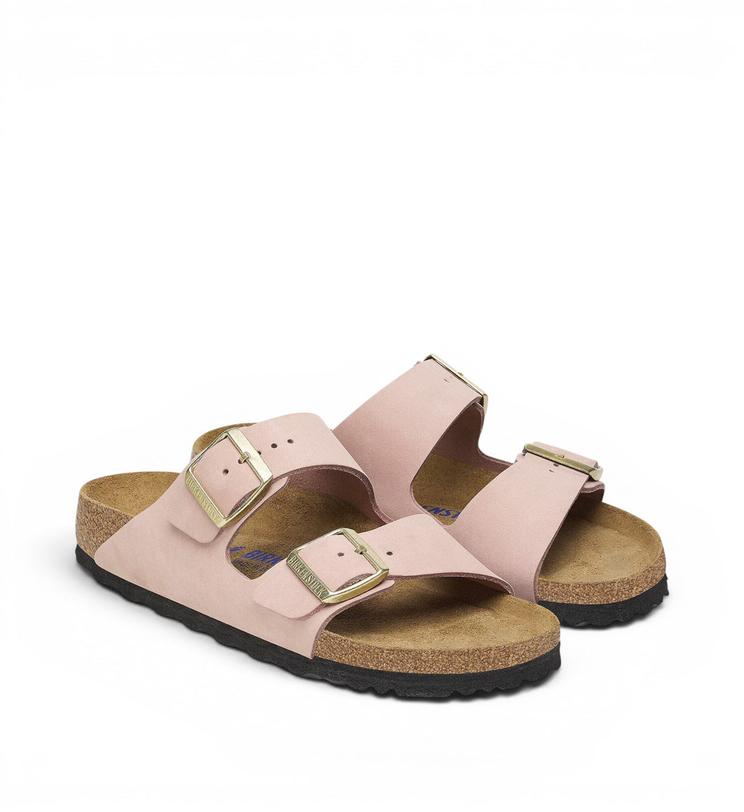 House of Florian Arizona soft pink nubuck leather sandals with adjustable gold buckles and cork footbed.