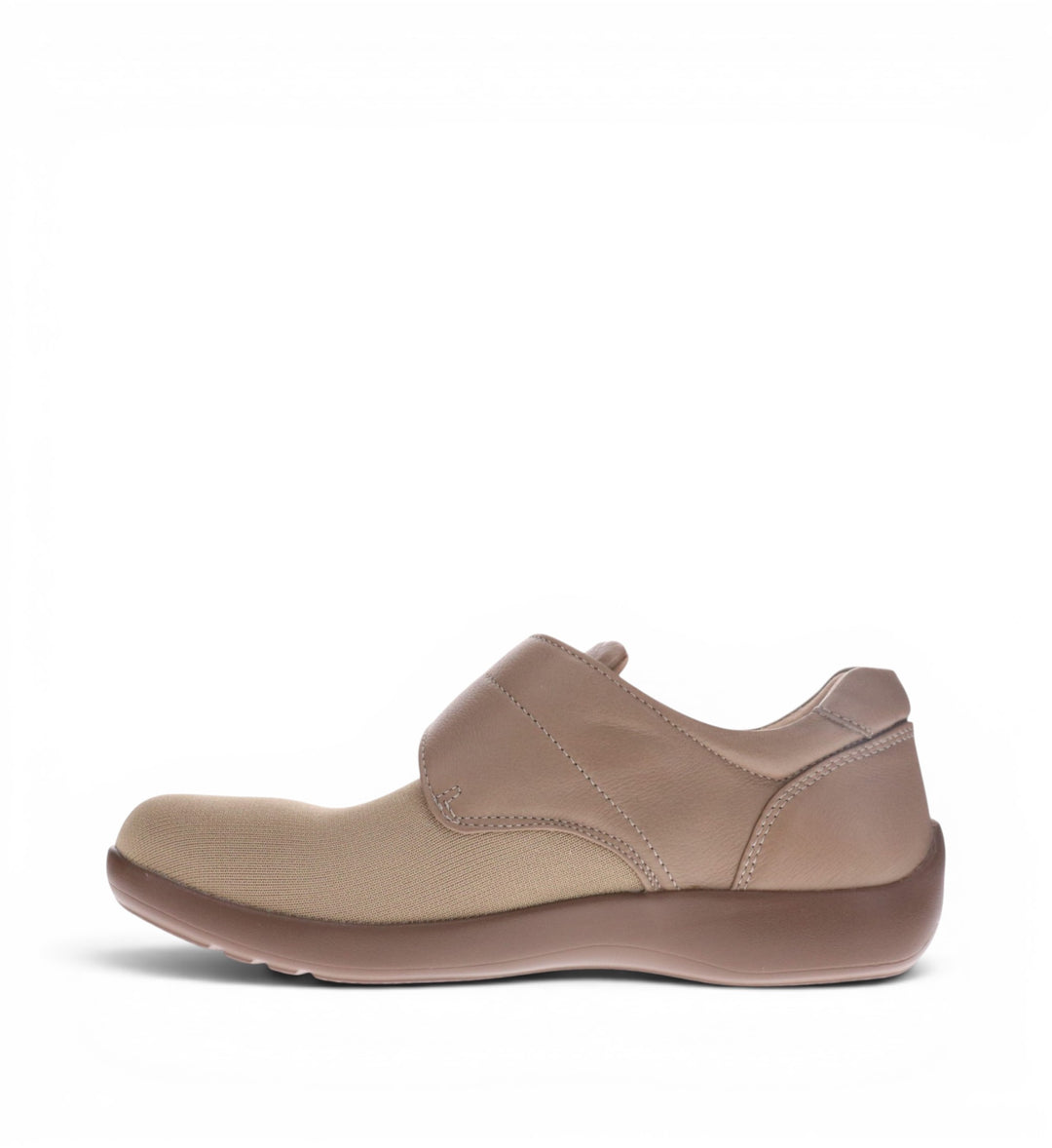 House of Florian REVERE Porto W Taupe leather and flyknit shoe with adjustable strap and arch support.