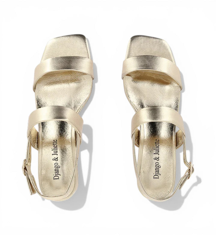 House of Florian Shaney Gold metallic leather sandals with two straps and ankle strap.