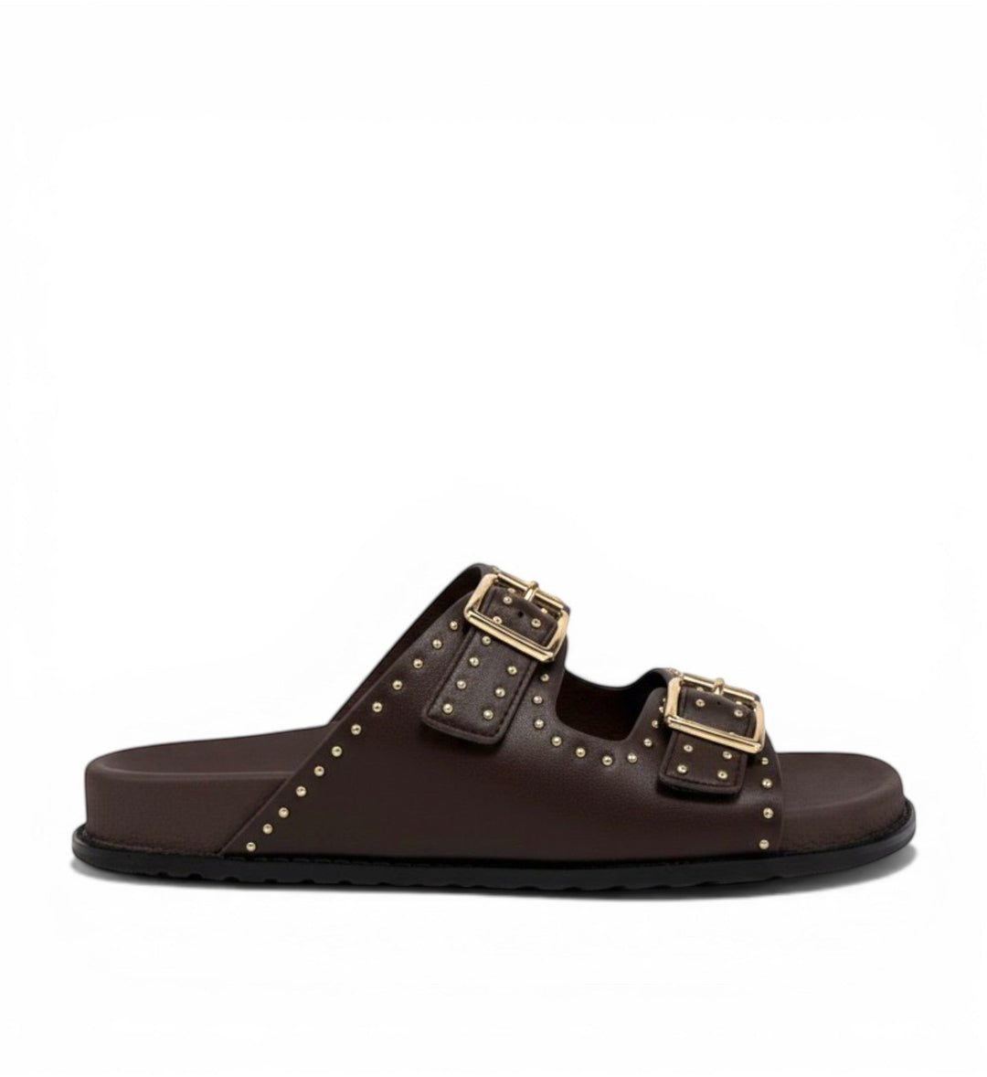 House of Florian brown leather double strap slide sandals with gold buckle and stud details.