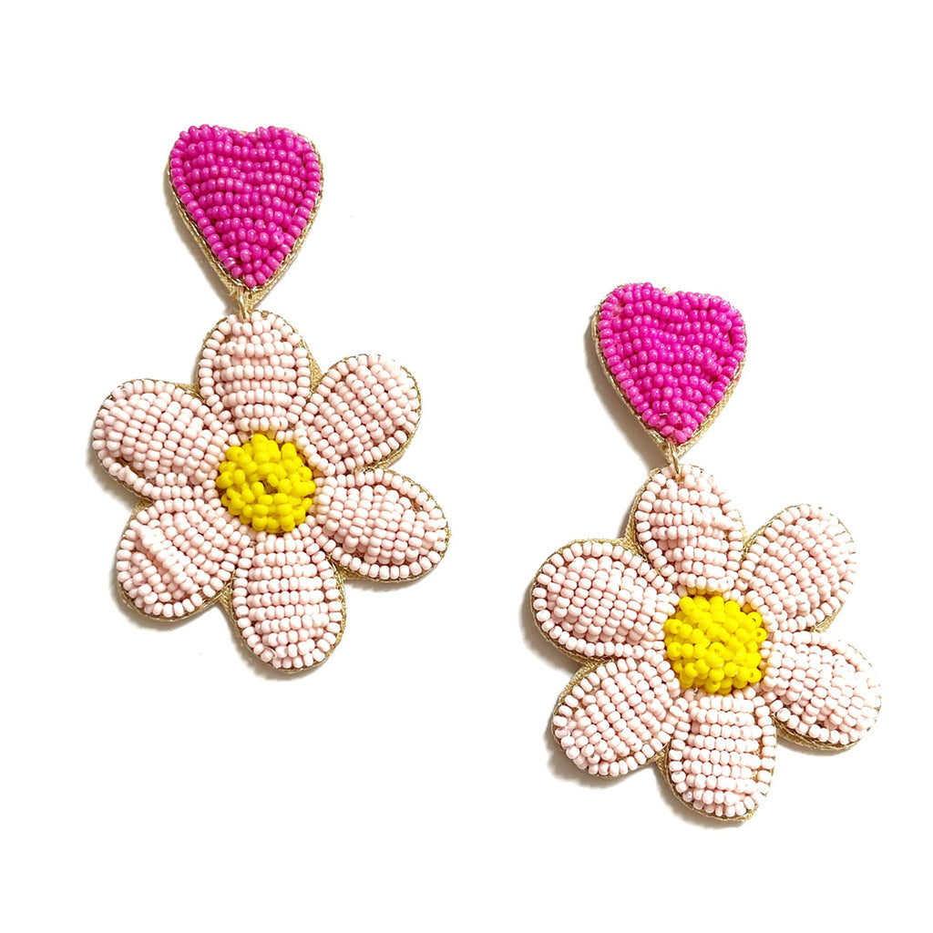 ZODA Beaded Pink Flower Pink Hear Drop Earrings House of Florian